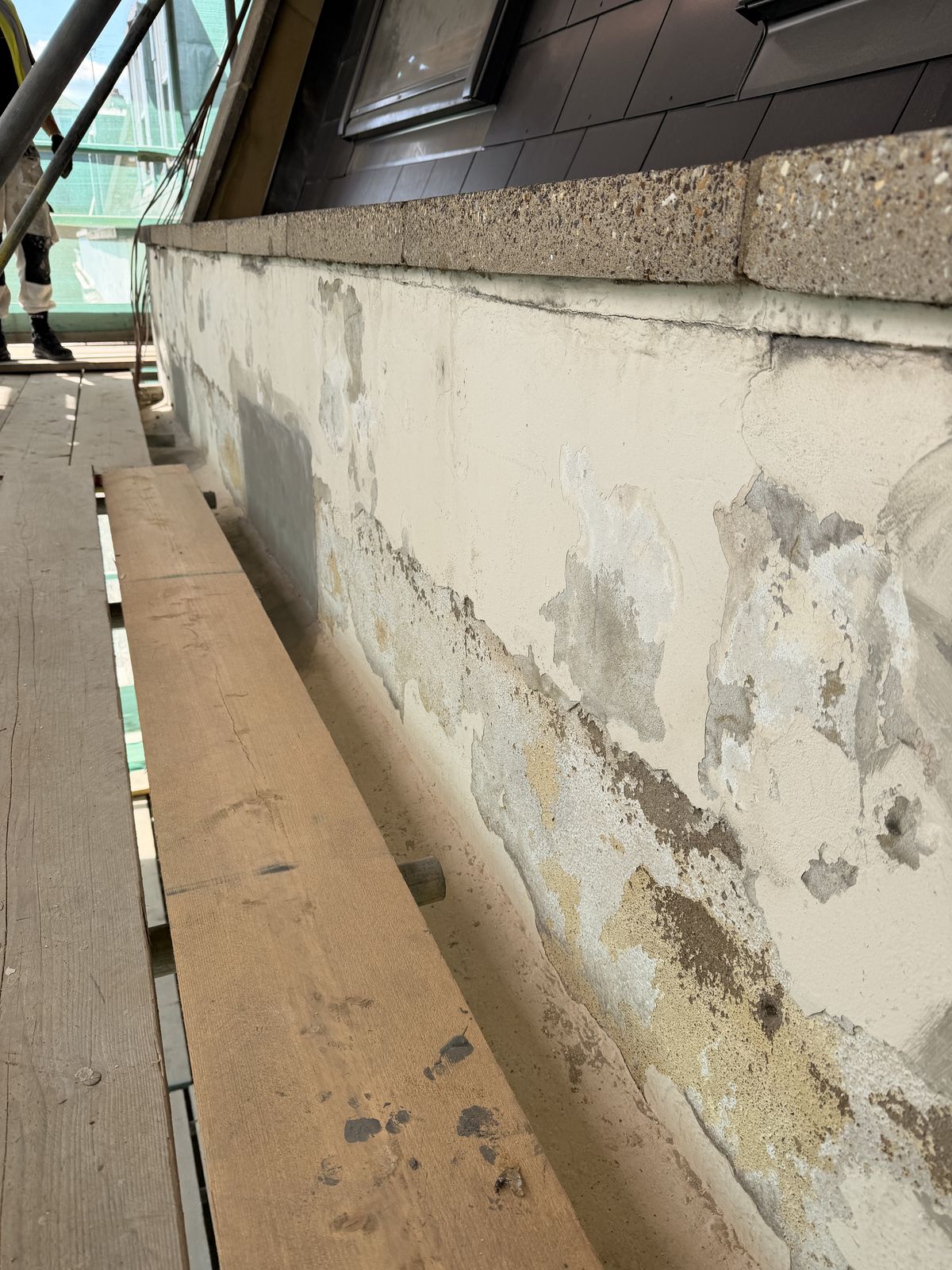 Parapet wall with blown and failed render below precast coping